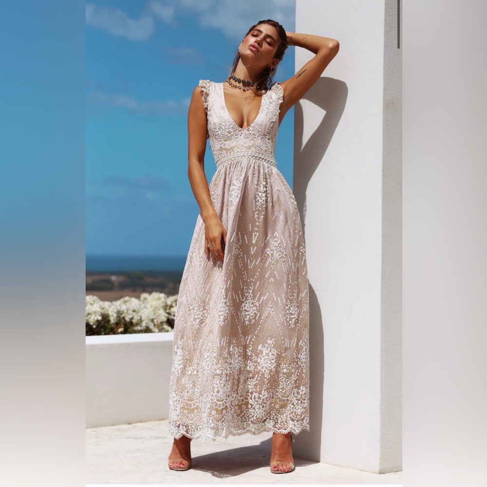NWT- Hello Molly- Gold on the ceiling maxi dress champagne